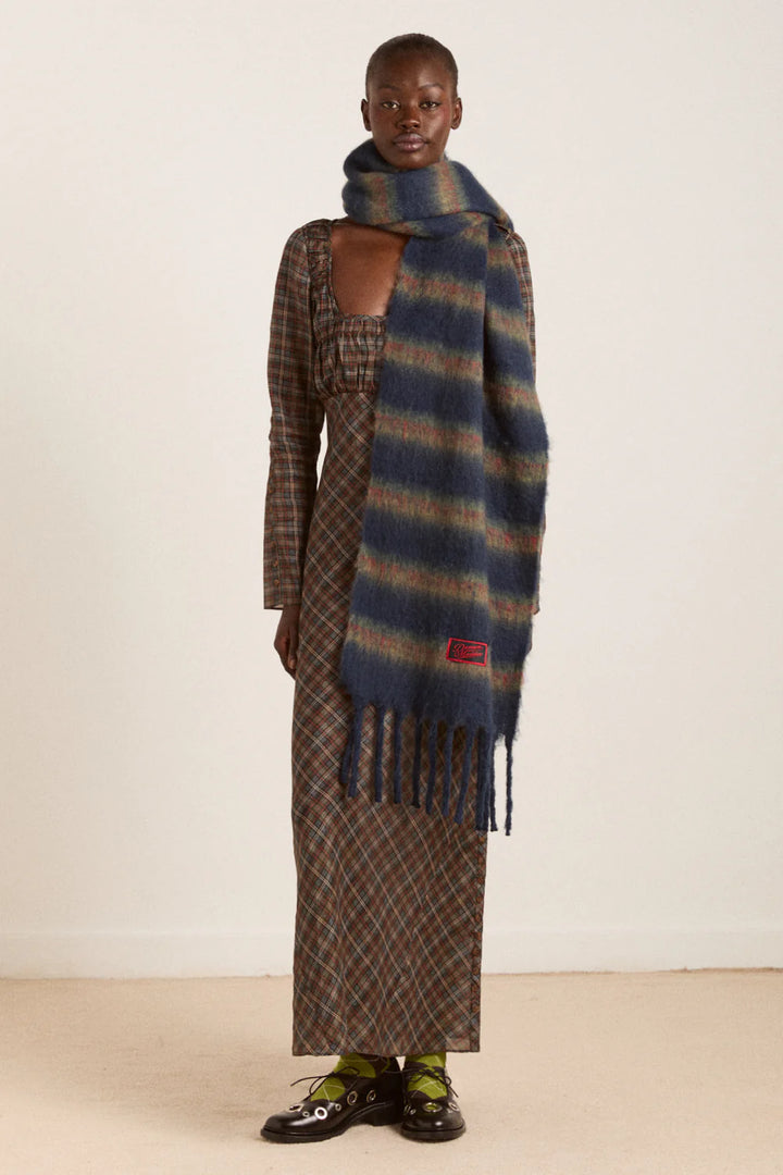Brushed Oversized Scarf Choc Blue Stripe