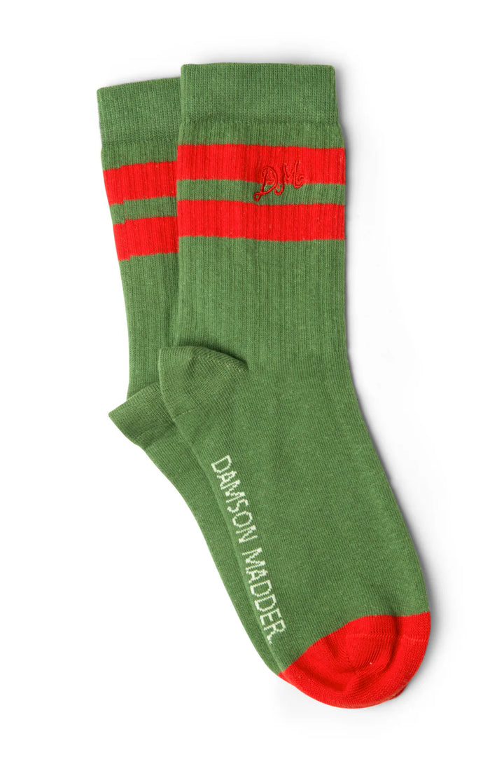 Sporty Calf Length Socks - Olive and Red