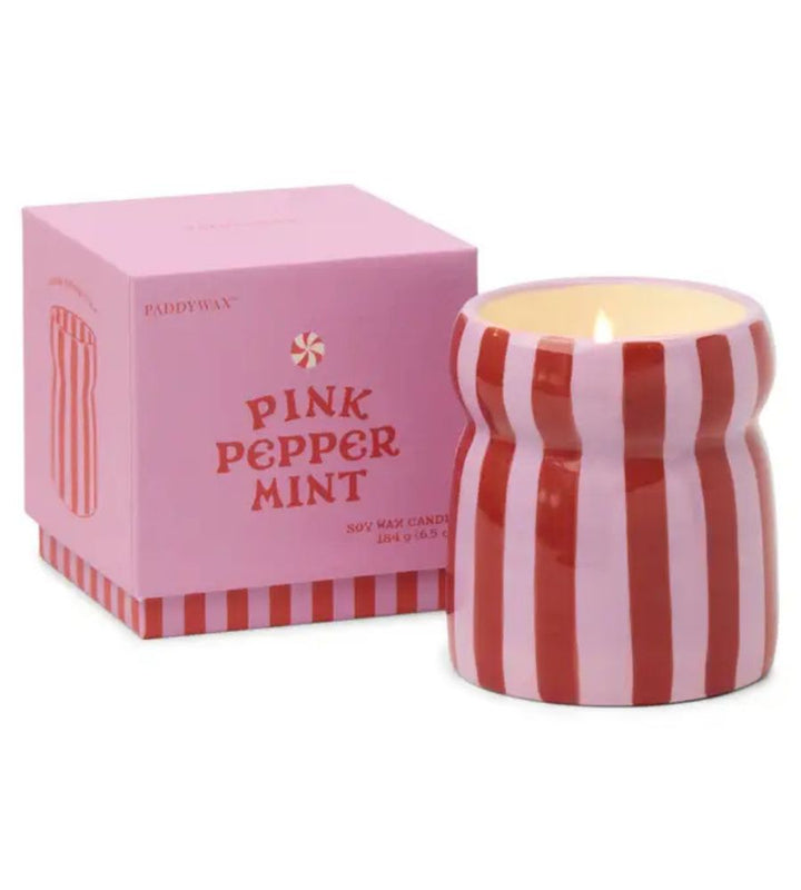 Cabana Pink Striped Ceramic Candle - Pink Peppermint