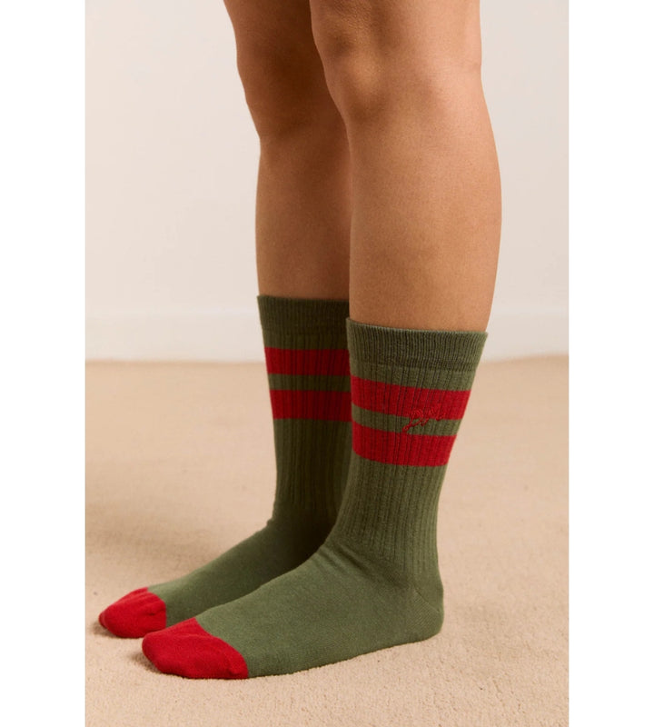 Sporty Calf Length Socks - Olive and Red