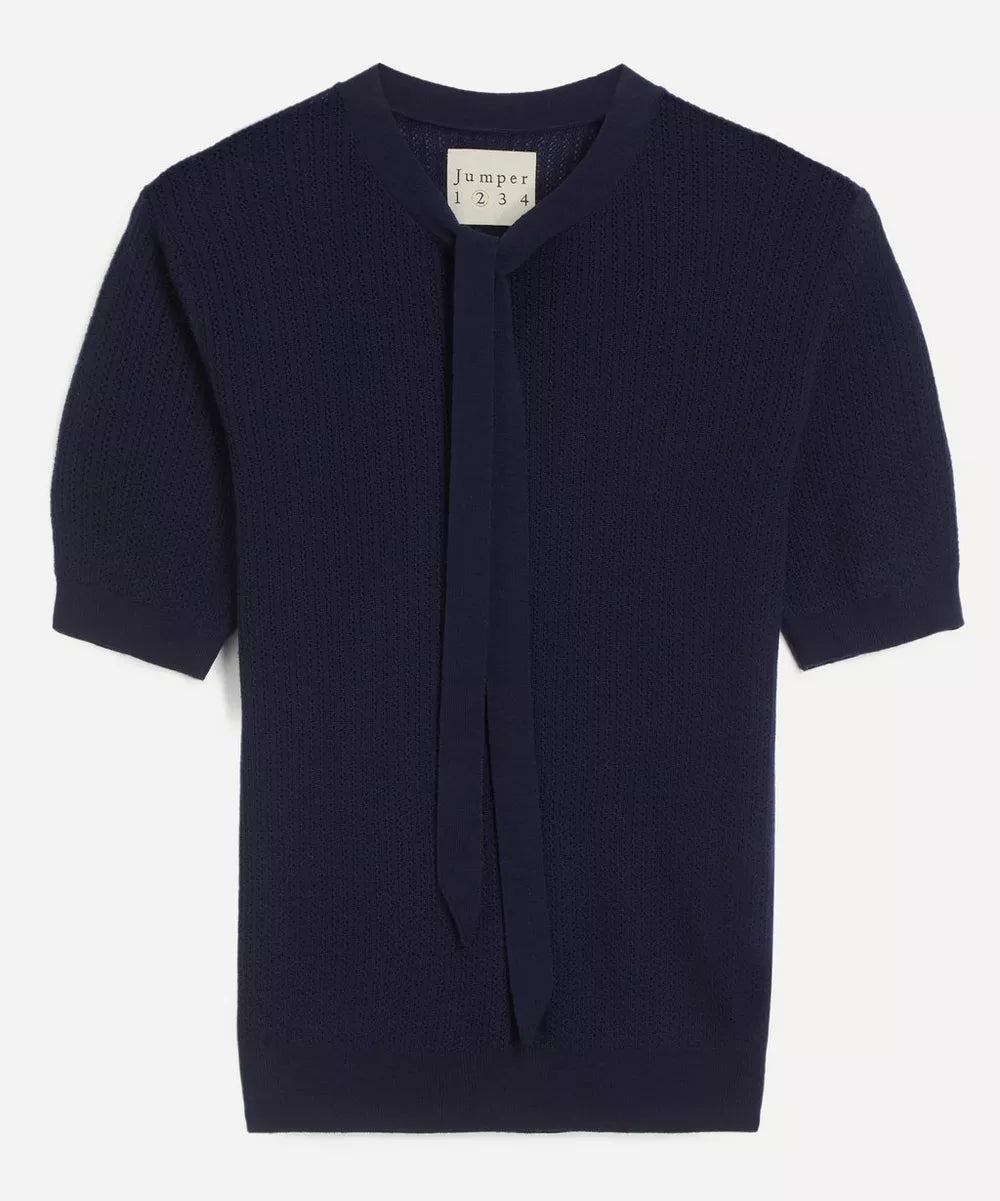 Ribbed Pointelle Tee - Navy