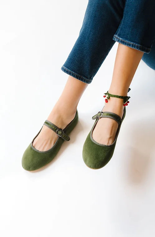 Olive Velvet Mary Jane Shoes
