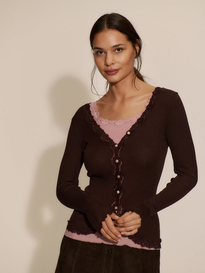 5420 Babette Silk LS V-Neck Lace Cardigan - Mole