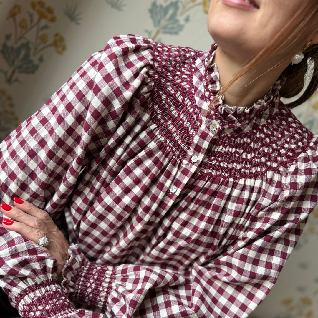 POM x Smock London Scholl Blouse Mulled Wine Gingham