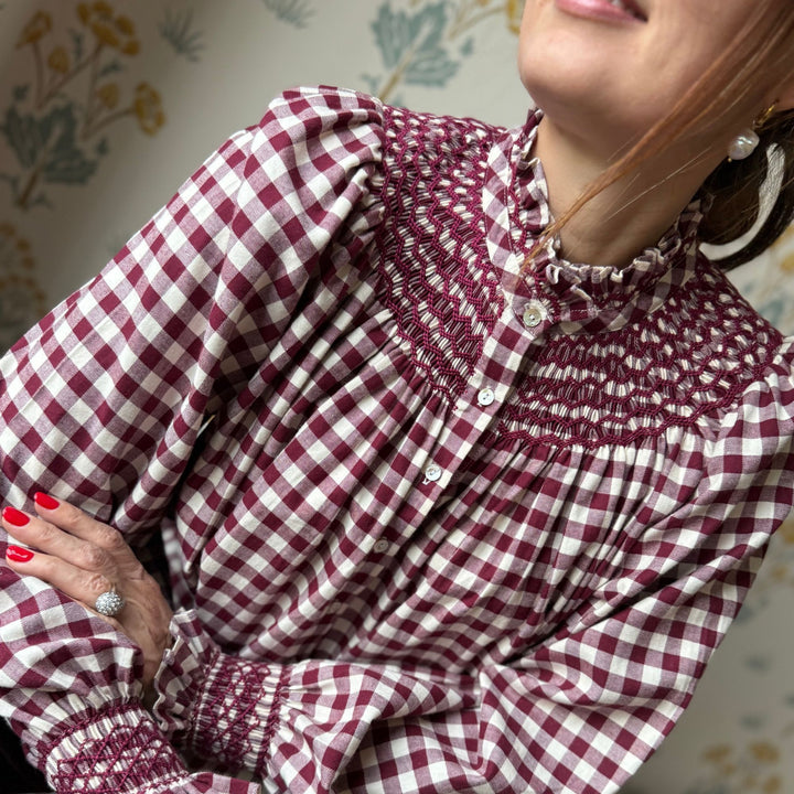 POM x Smock London Scholl Blouse Mulled Wine Gingham