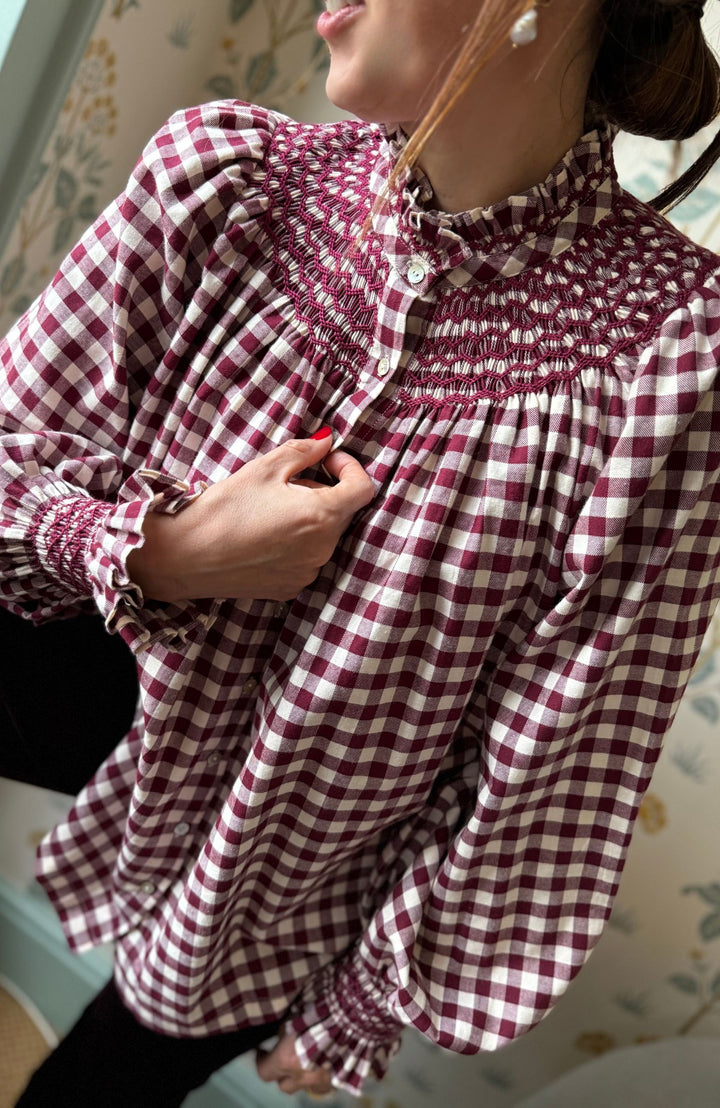 POM x Smock London Scholl Blouse Mulled Wine Gingham