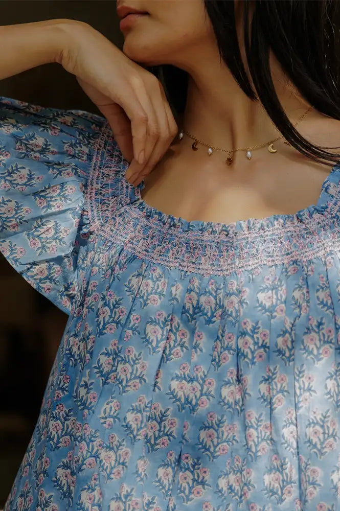 Mogra Smocked Nightie - Dusty Blue & Lavender