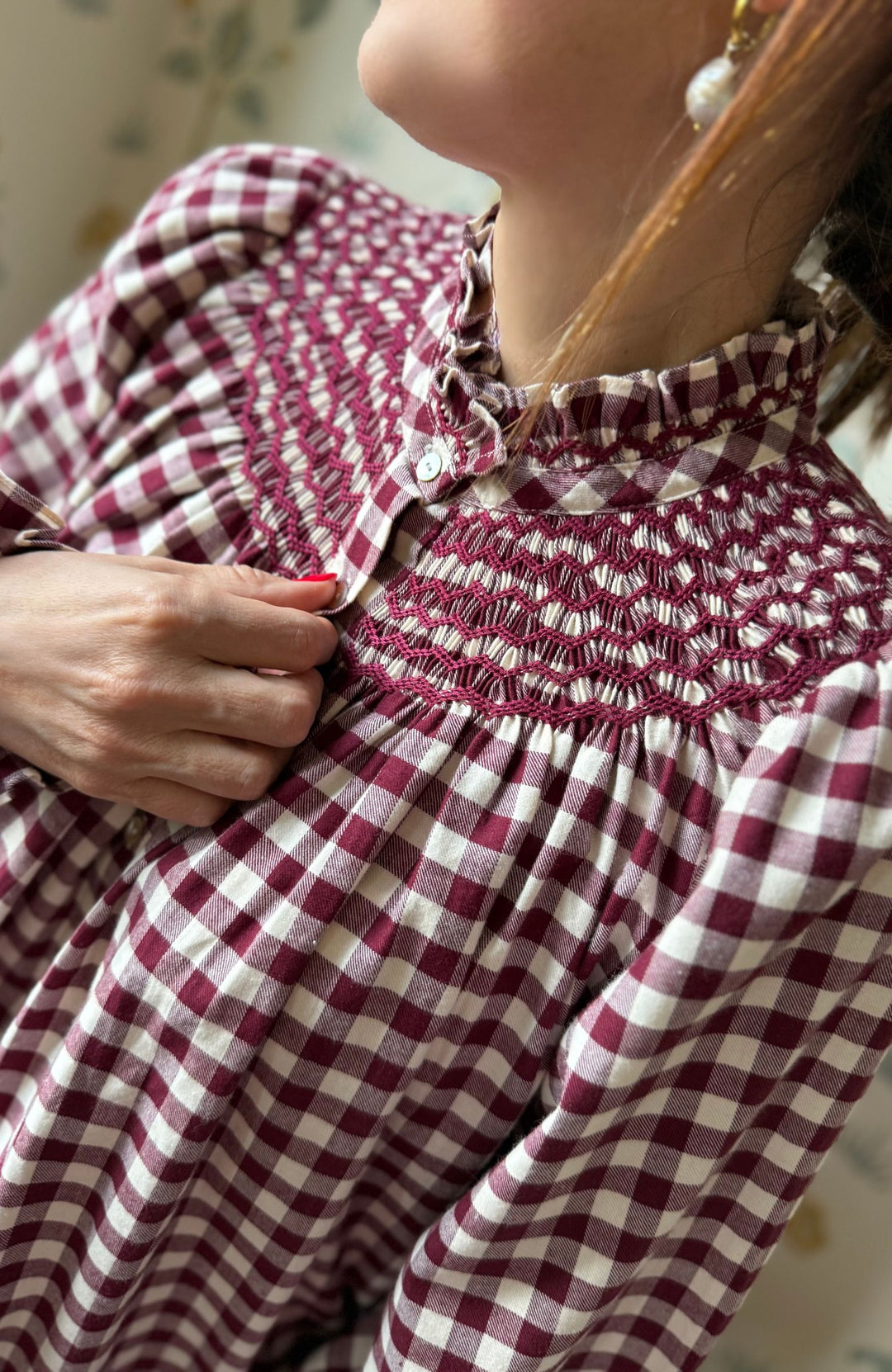 POM x Smock London Scholl Blouse Mulled Wine Gingham