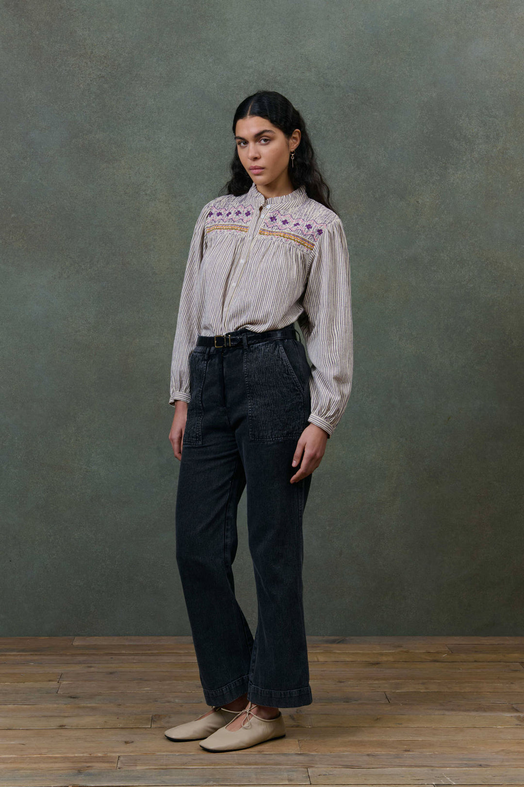 Louise Shirt - Cream Purple Stripes