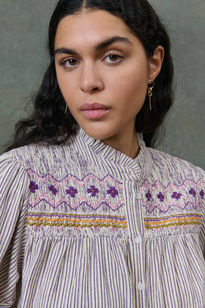 Louise Shirt - Cream Purple Stripes