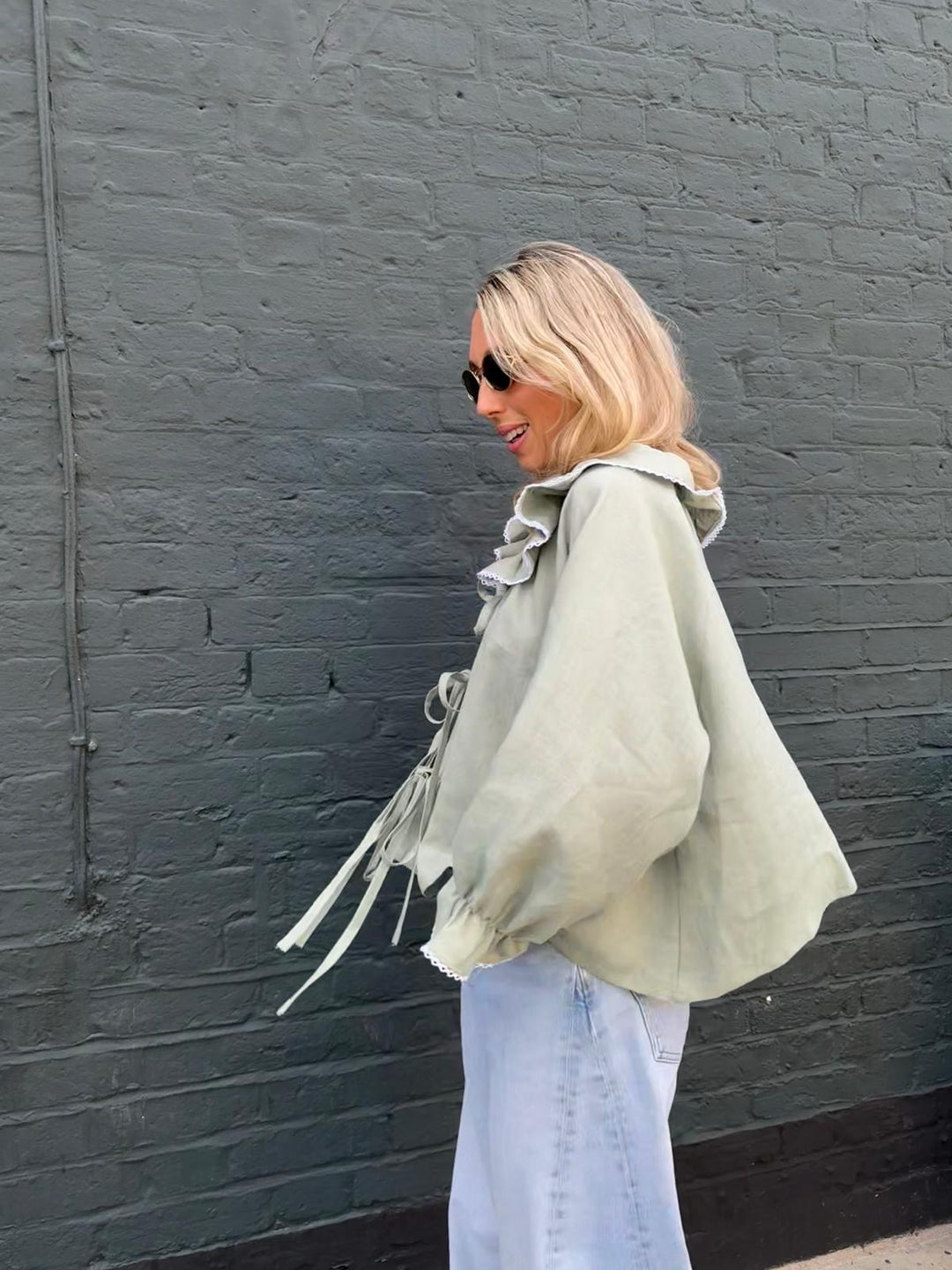 Fraise Tie Front Linen Blouse Pistachio