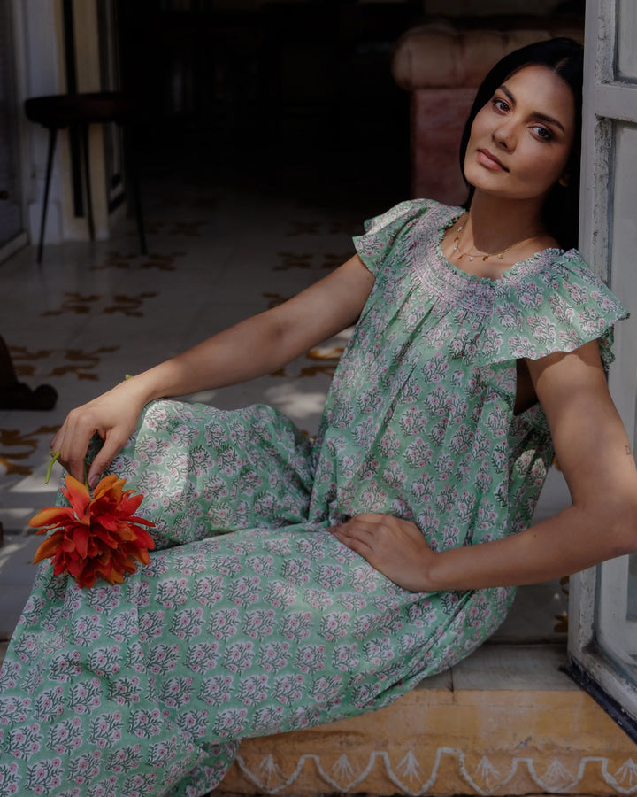 Mogra Smocked Nightie - Sage Green