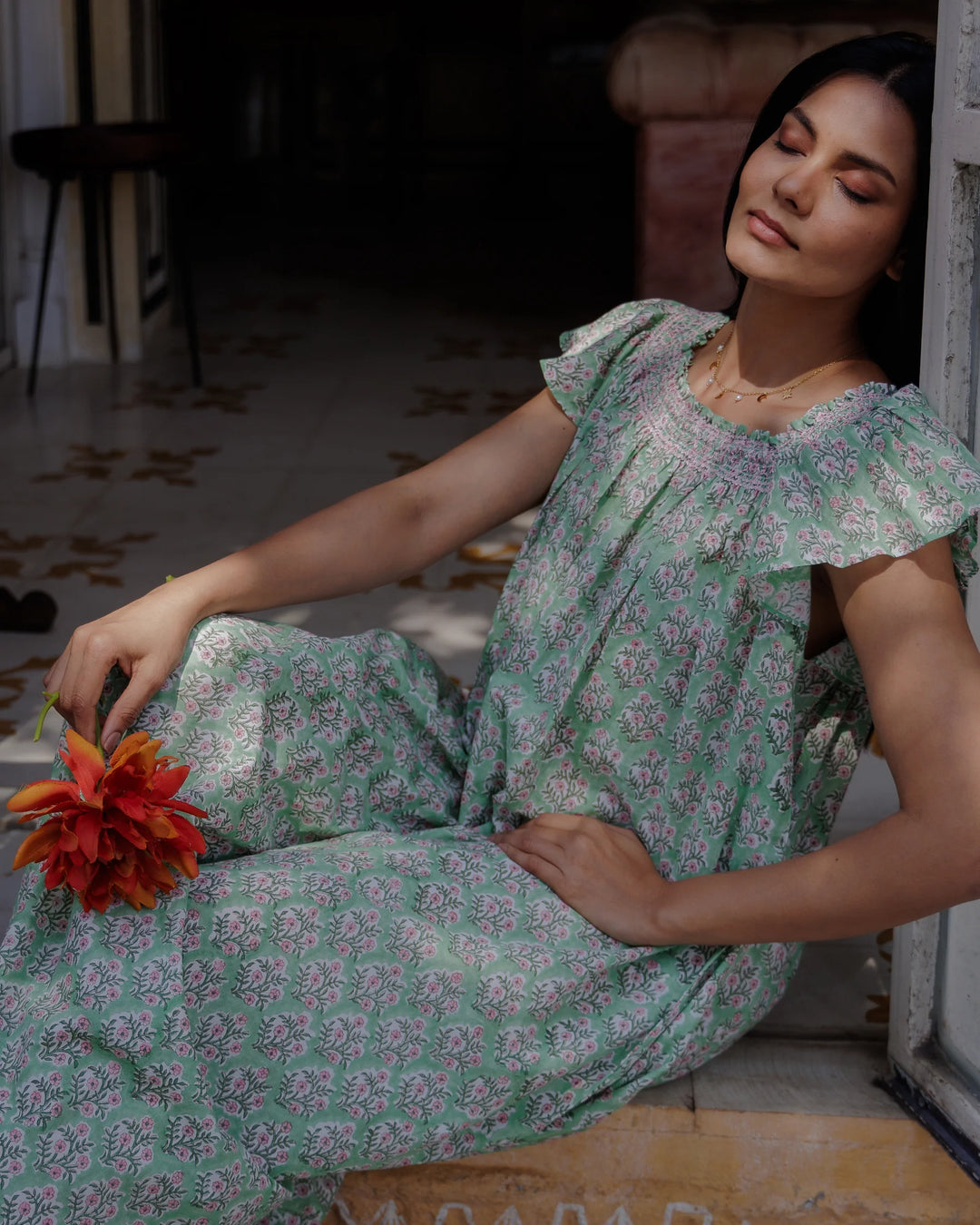 Mogra Smocked Nightie - Sage Green