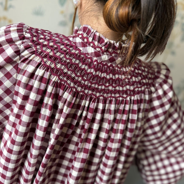 POM x Smock London Scholl Blouse Mulled Wine Gingham