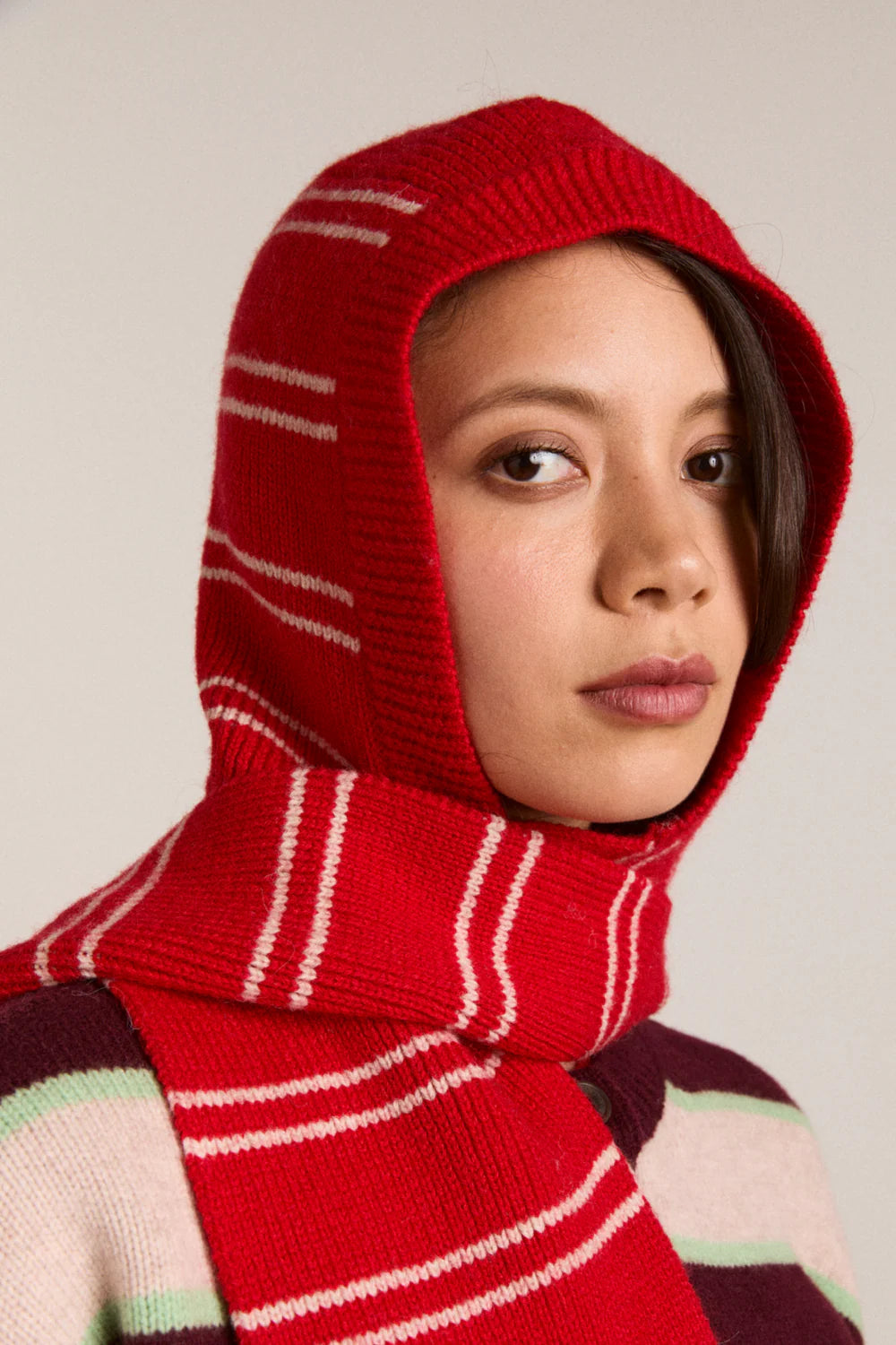 Hooded Scarf - Oat/Red Stripe