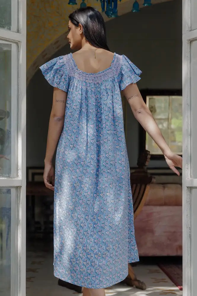 Mogra Smocked Nightie - Dusty Blue & Lavender