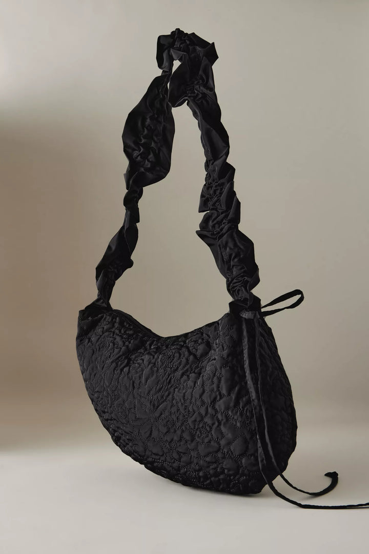 Embroidered Rose Ruched Kidney Bag