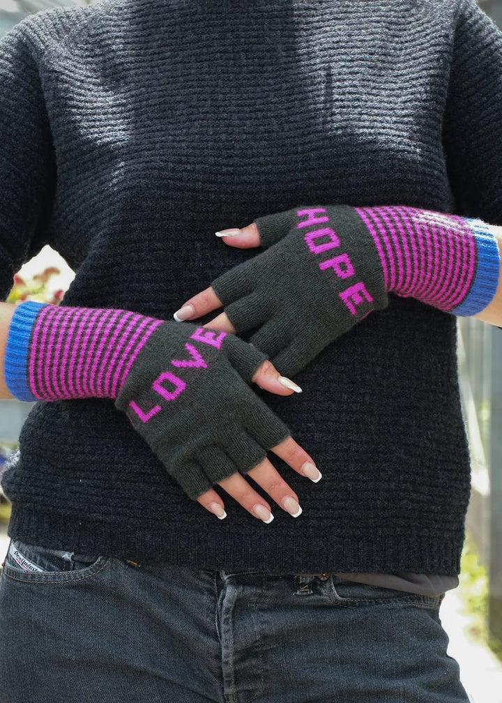 Hope &amp; Love Fingerless Gloves - Khaki/Fluro Pink