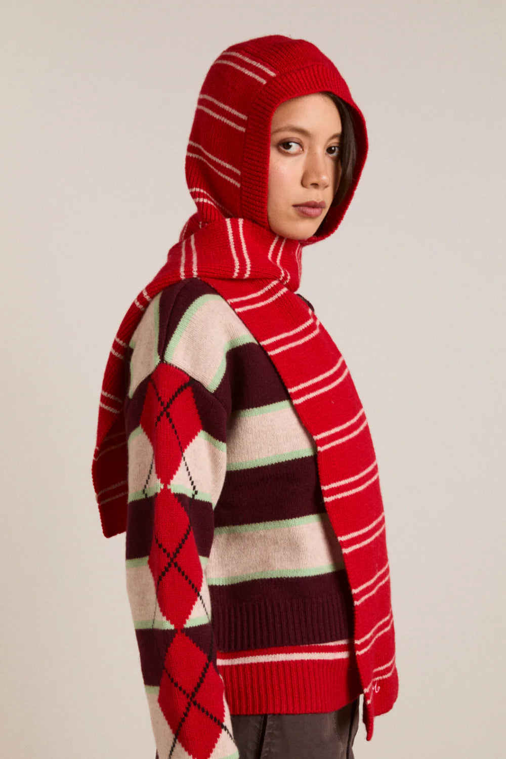 Hooded Scarf - Oat/Red Stripe