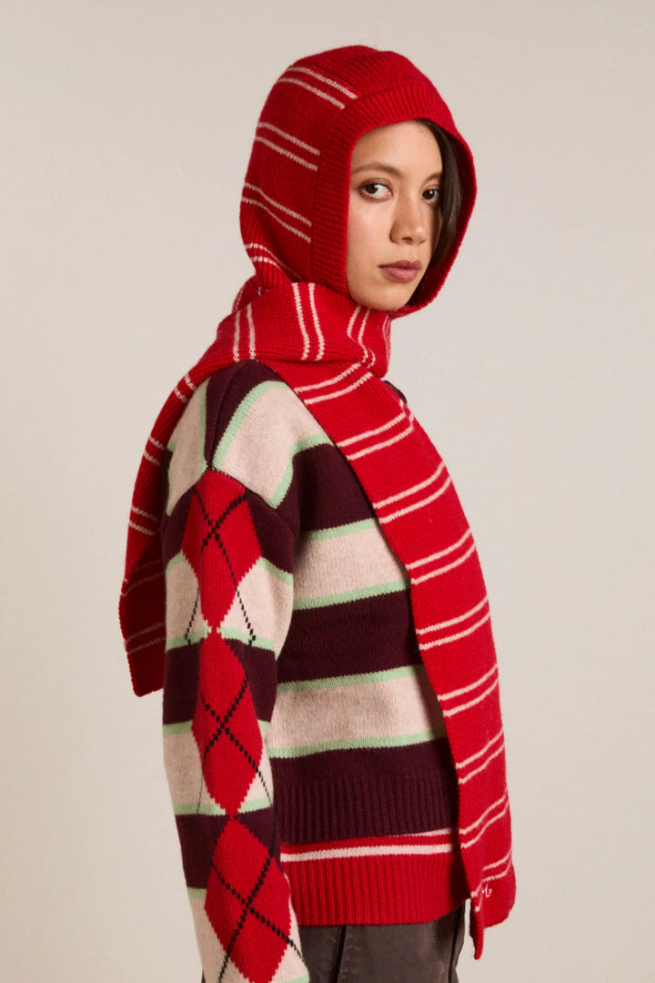 Hooded Scarf - Oat/Red Stripe