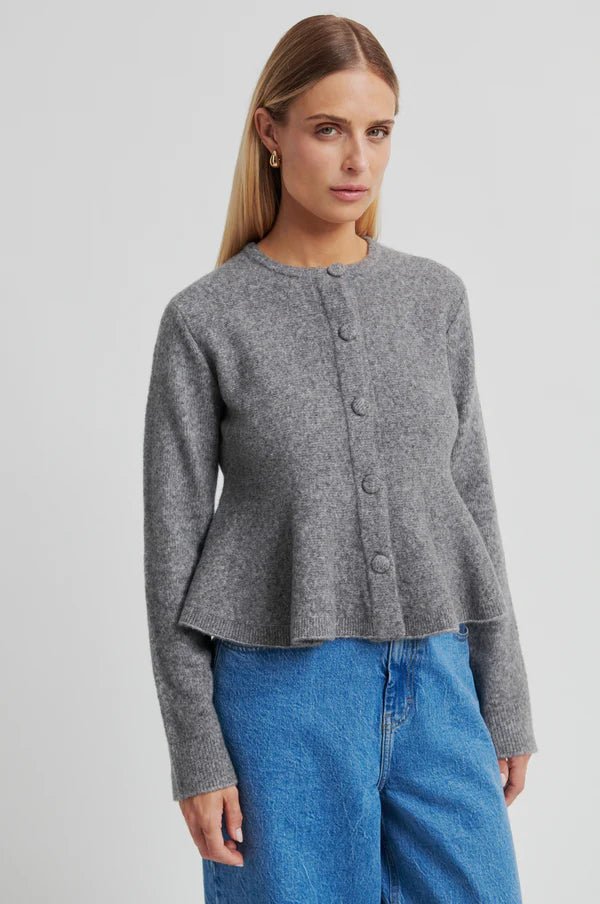 Hiva Peplum Knit Cardigan - Mid Grey Melange