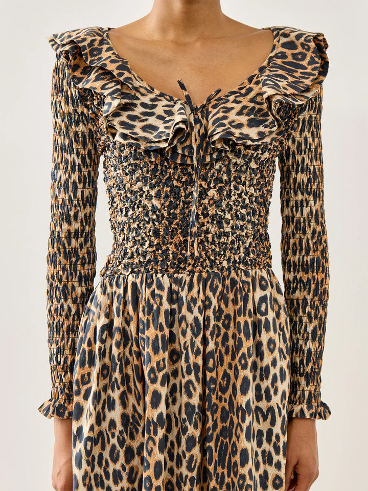 Harper Shirred Midi Dress - Leopard