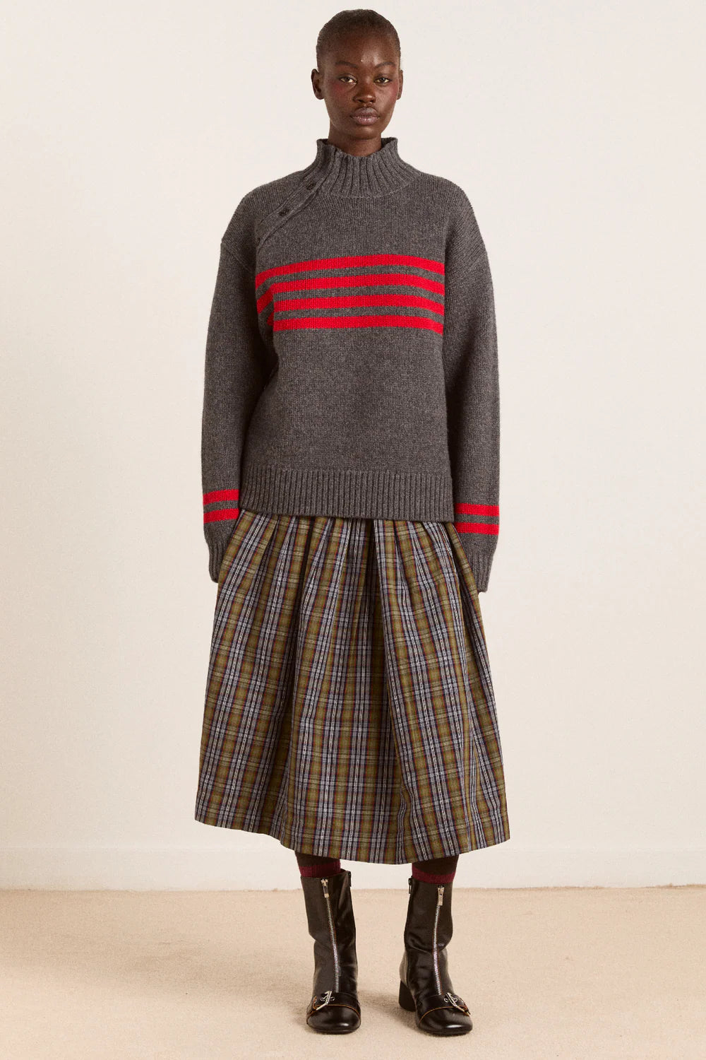 Tallulah High Neck Jumper - Charcoal/Red