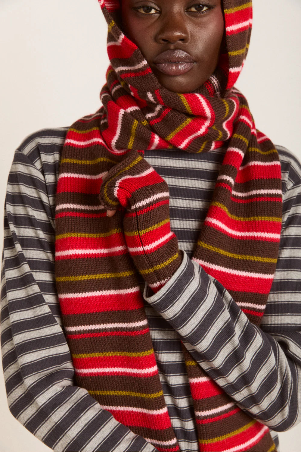 Fingerless Gloves - Choc Multi Stripe