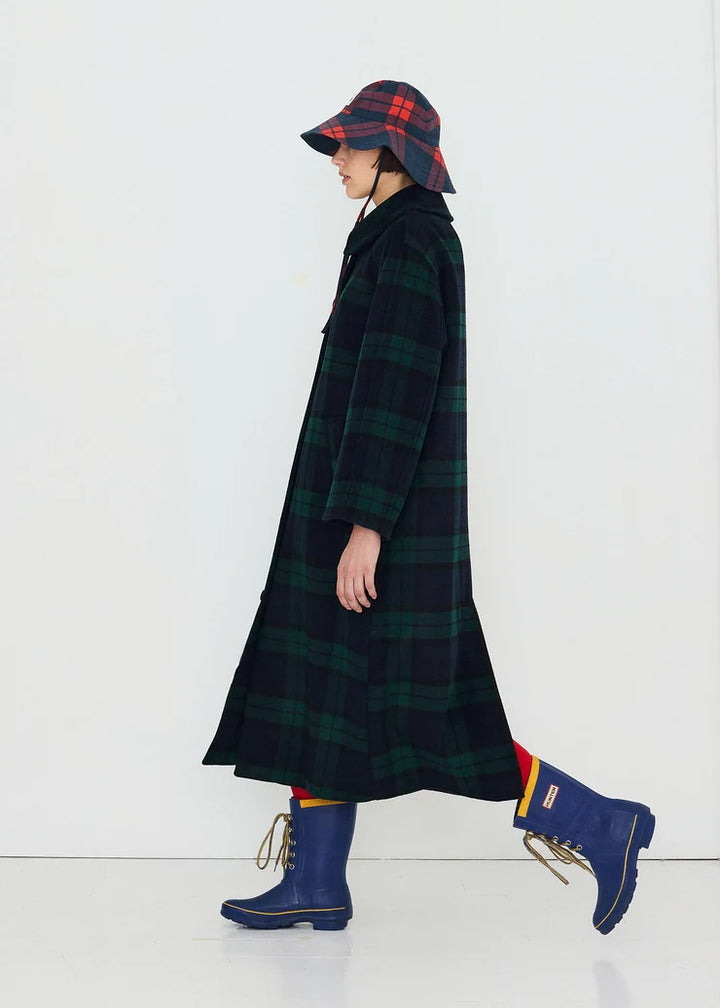 Long Check Coat - Navy