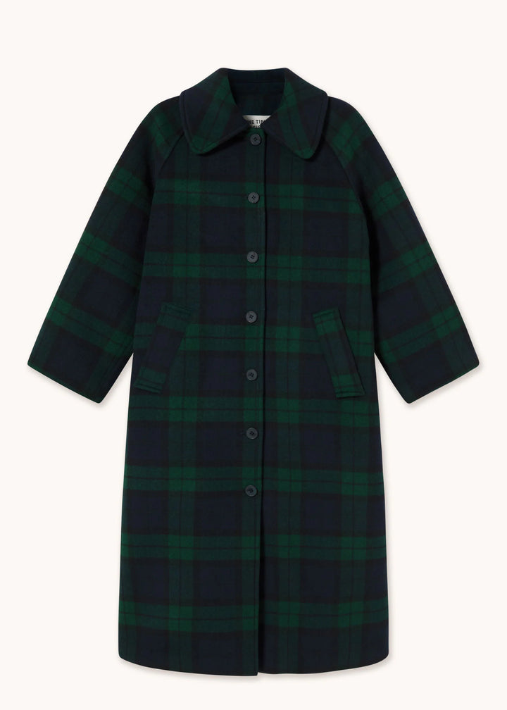 Long Check Coat - Navy