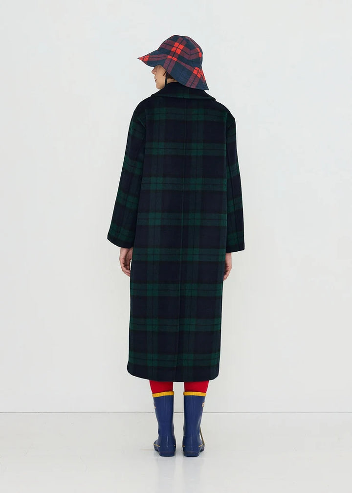 Long Check Coat - Navy