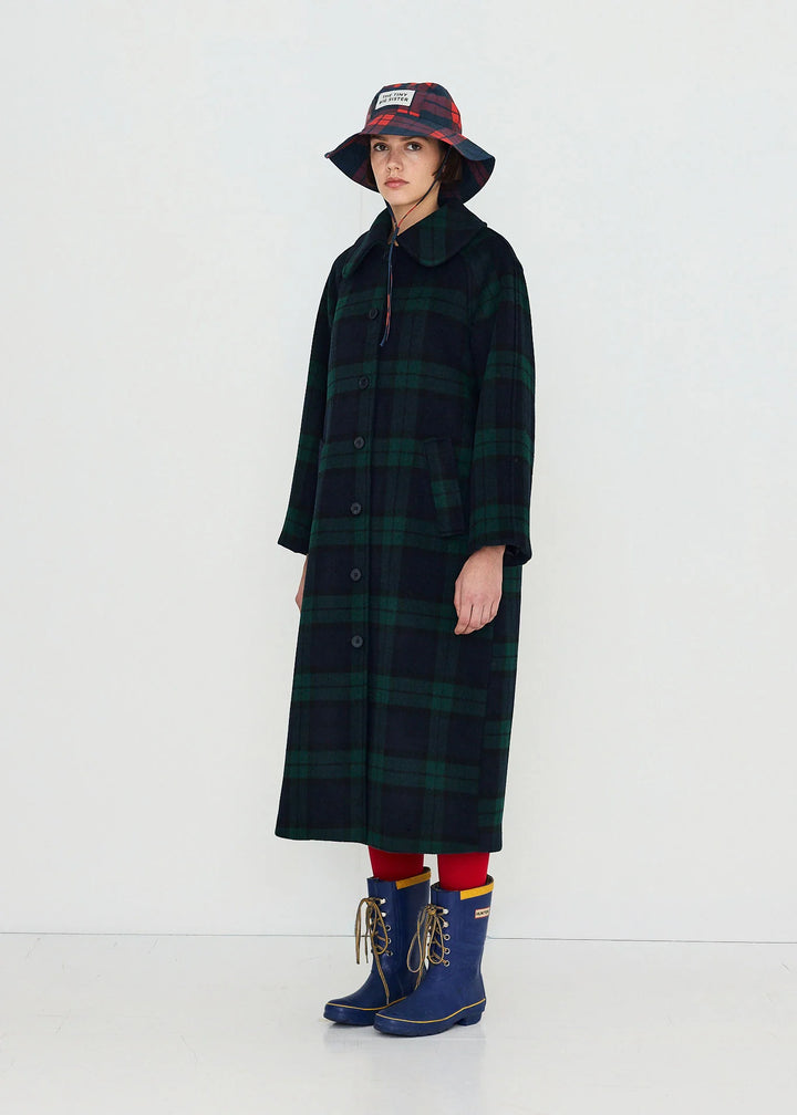 Long Check Coat - Navy