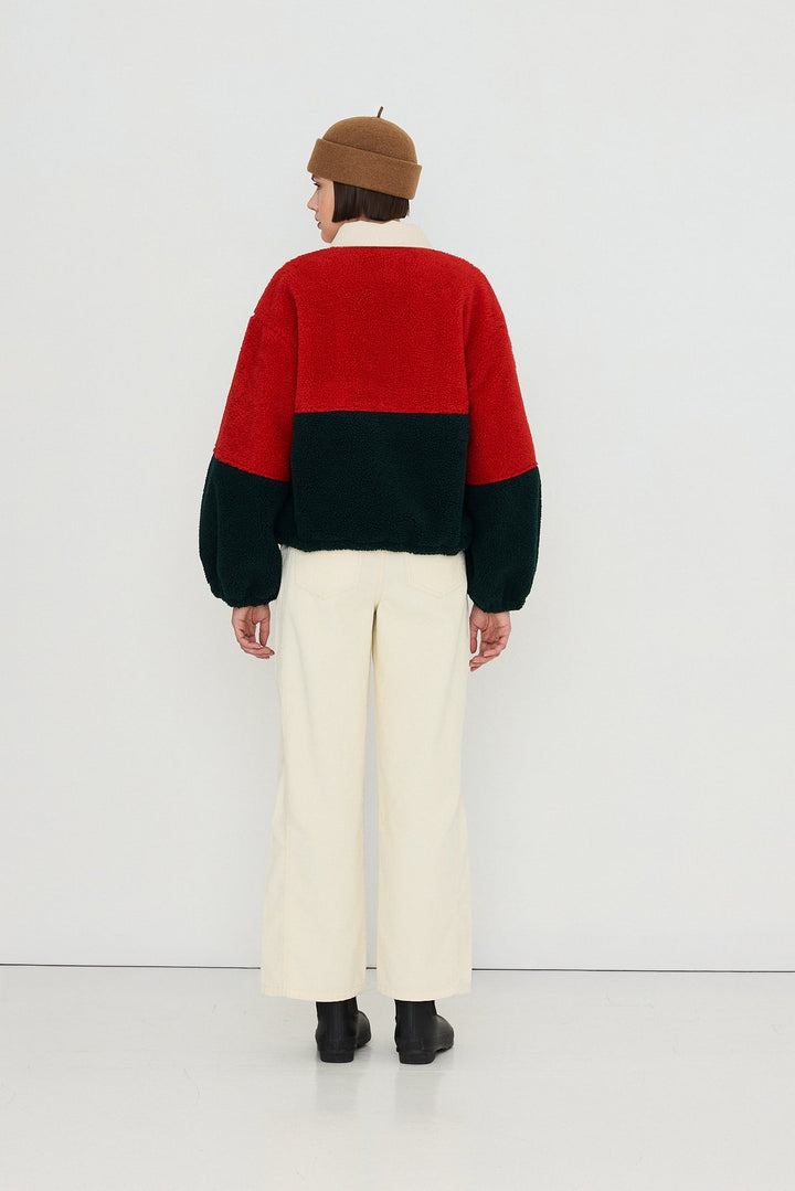 Colour Blocked Sherpa Jacket - Dark Red/Ink