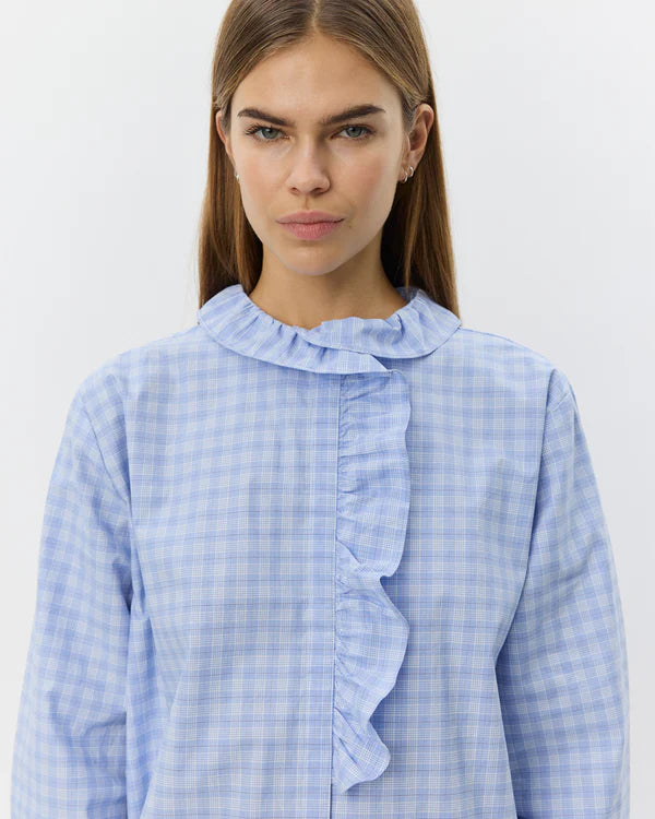 Bellesw Check Frill Placket Shirt - Blue