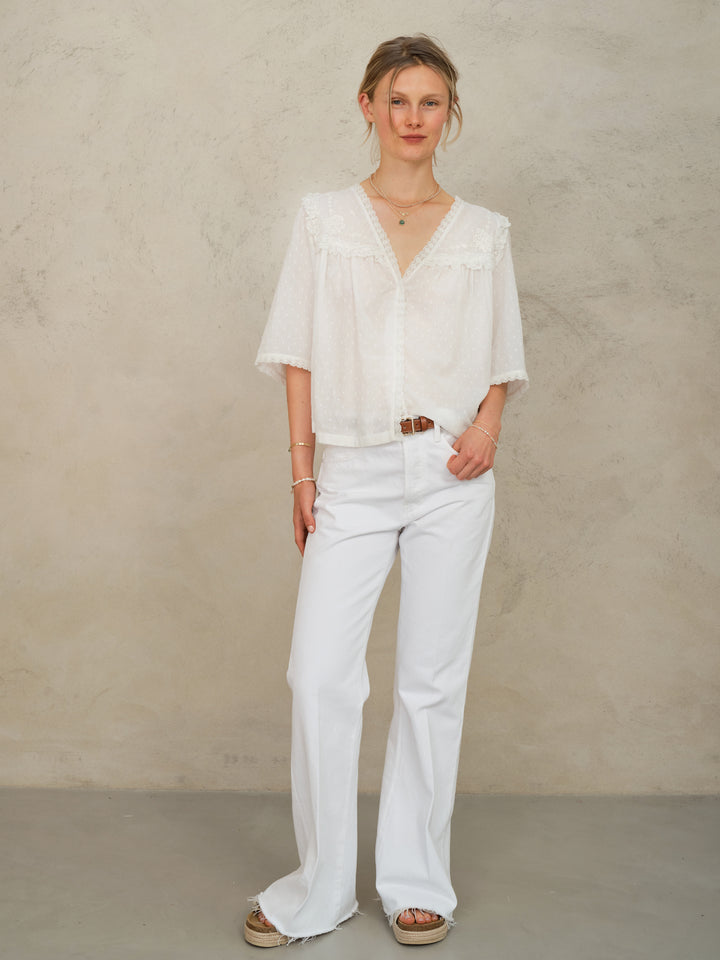 Brea Frill Emb Top - Ivory