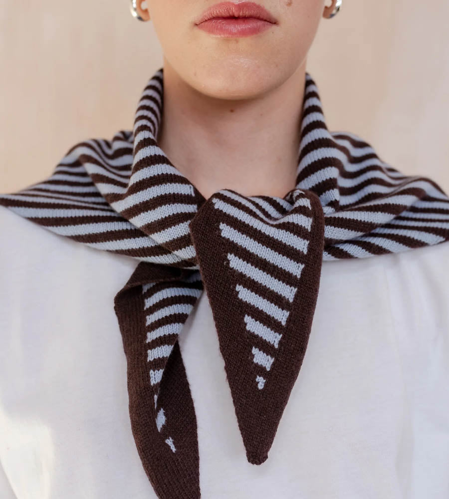 Merino Triangle Scarf - Blue & Brown Stipe