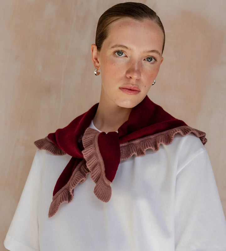 Merino Wool Triangle Scarf - small burgundy ruffle