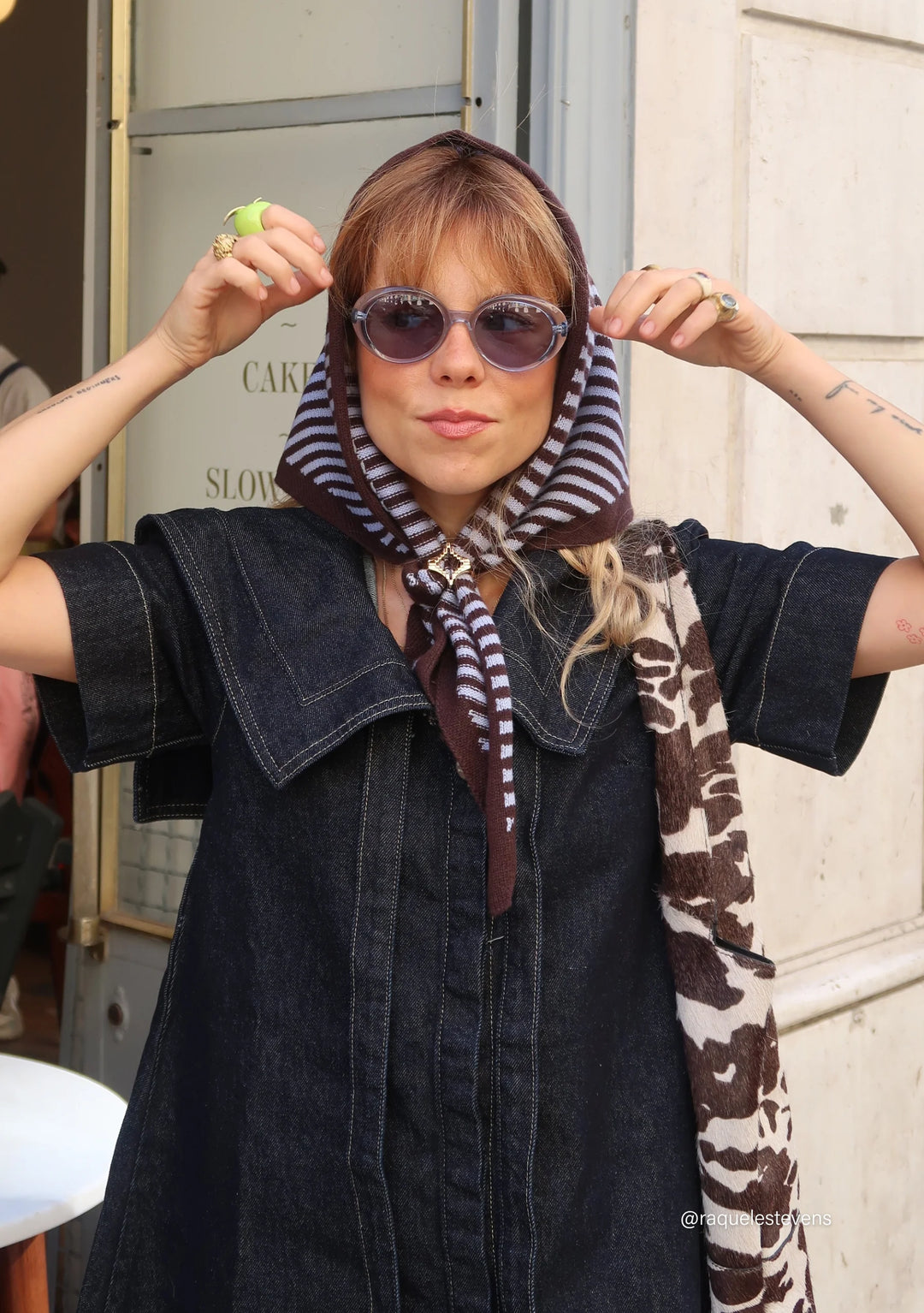 Merino Triangle Scarf - Blue & Brown Stipe