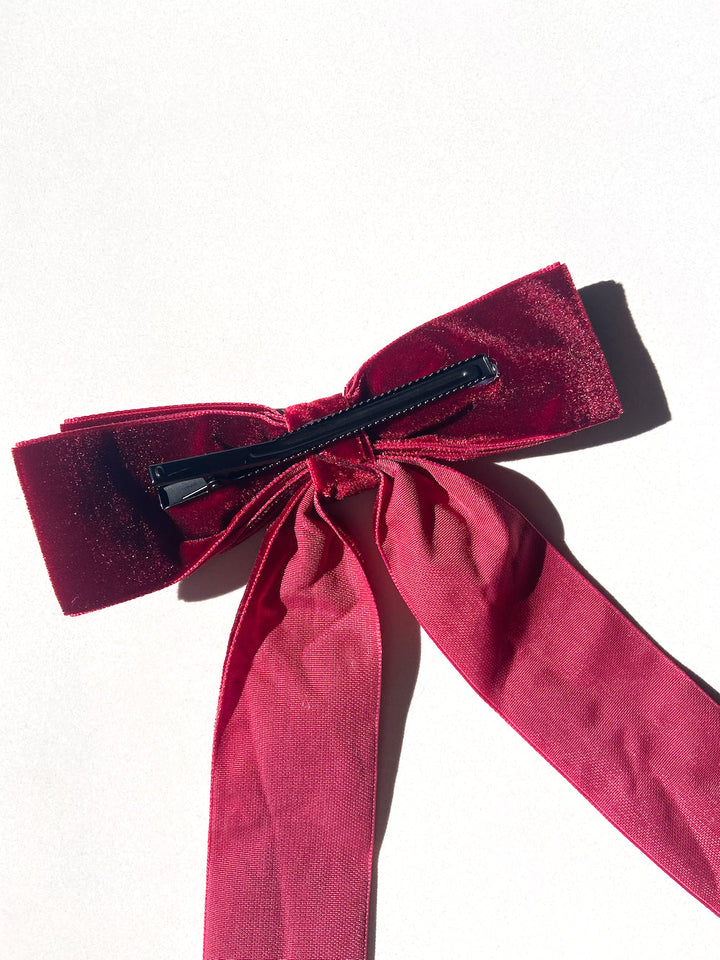 Classic Velvet Bow Barrette - Red