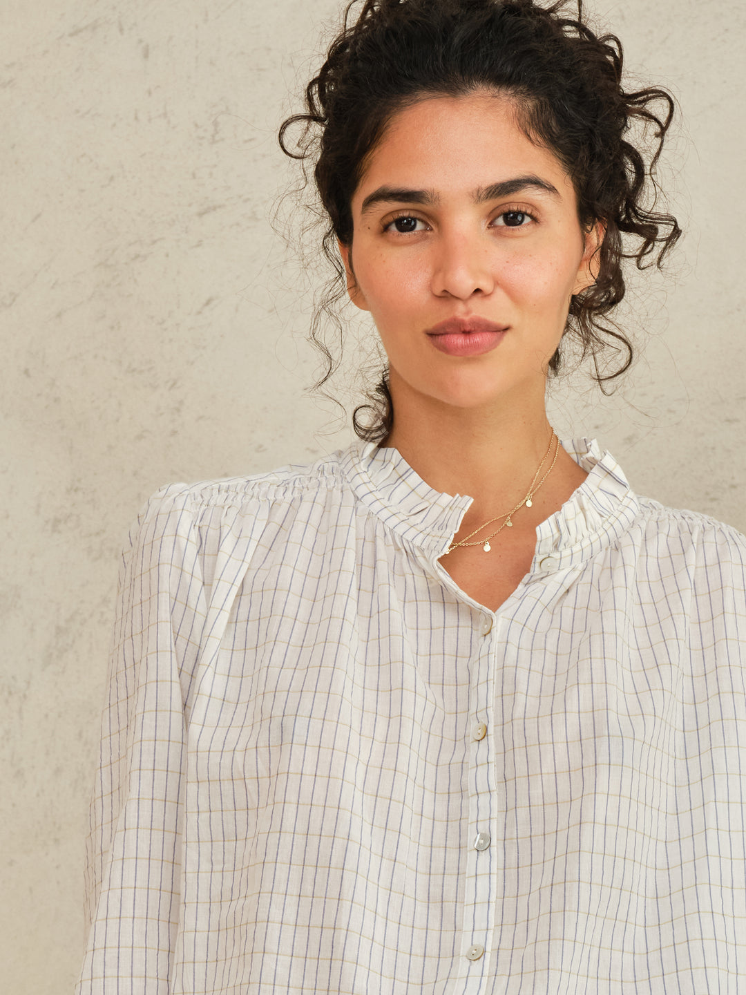 Chrissie Long Sleeve Top - Ecru/Check