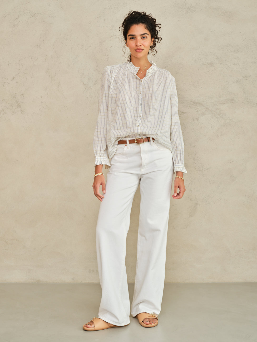Chrissie Long Sleeve Top - Ecru/Check