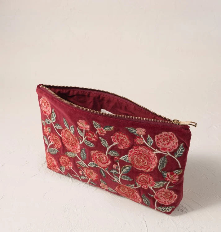 Camellia Romance Velvet Everyday Pouch - Cranberry