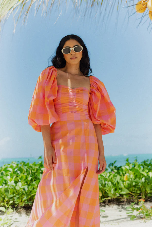 Violette Long Big Gingham Orange & Pink