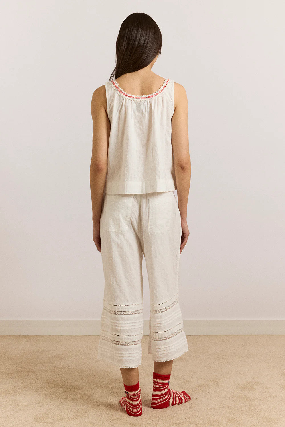 Elodie Trousers - White With Red Gingham Tie