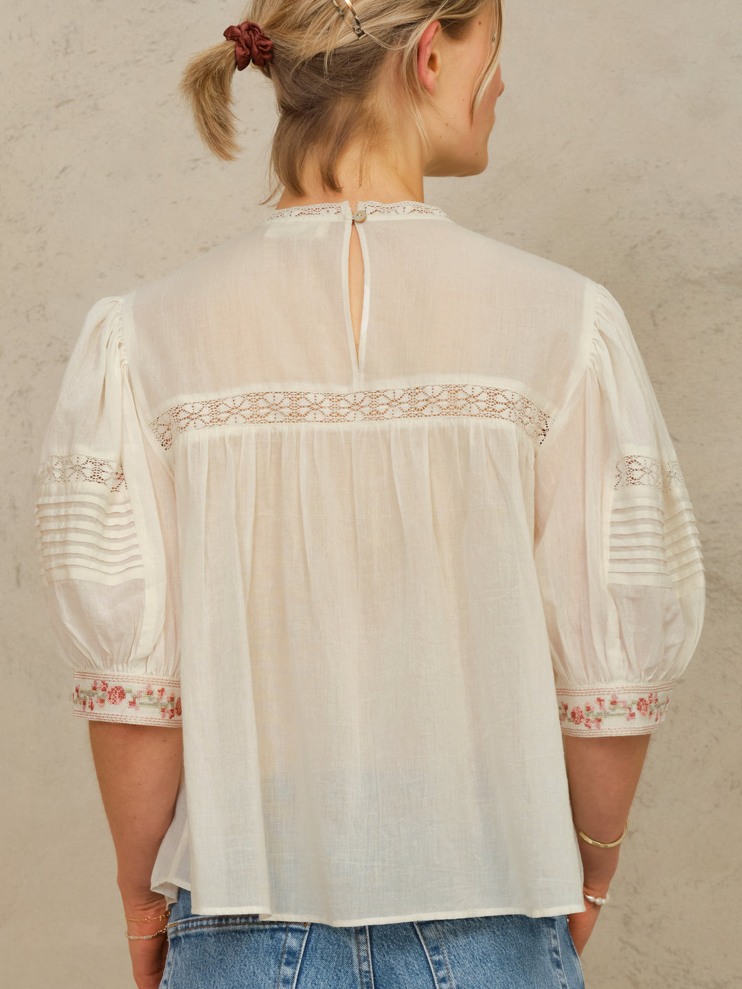 Fleur Emb Short Sleeve Top - Ecru/Multi