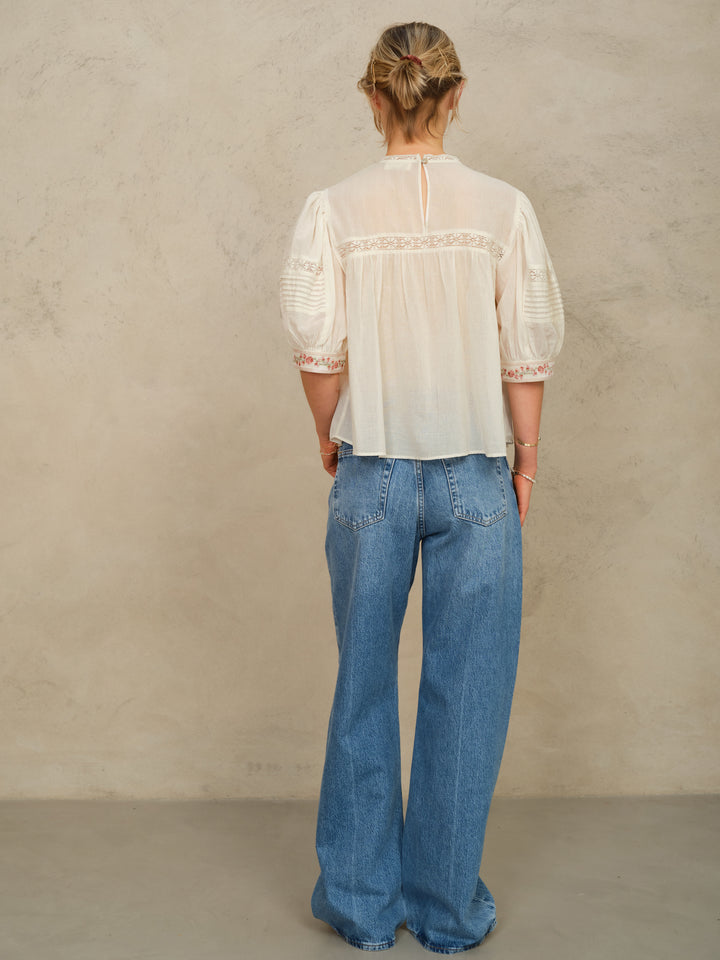 Fleur Emb Short Sleeve Top - Ecru/Multi