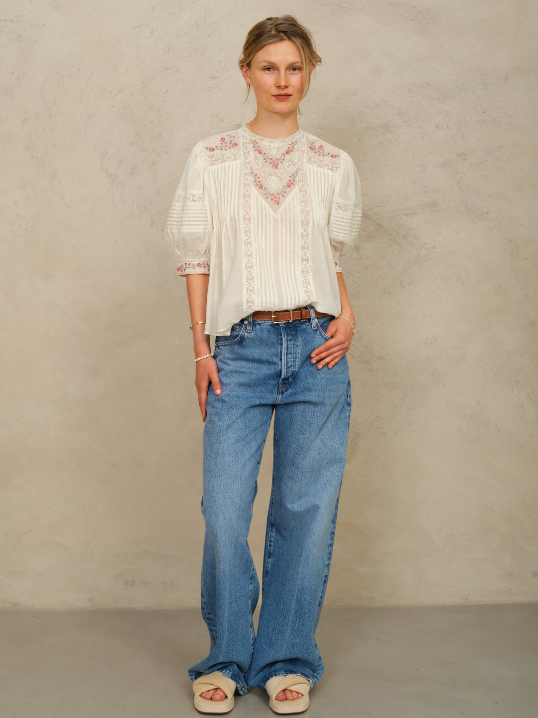 Fleur Emb Short Sleeve Top - Ecru/Multi