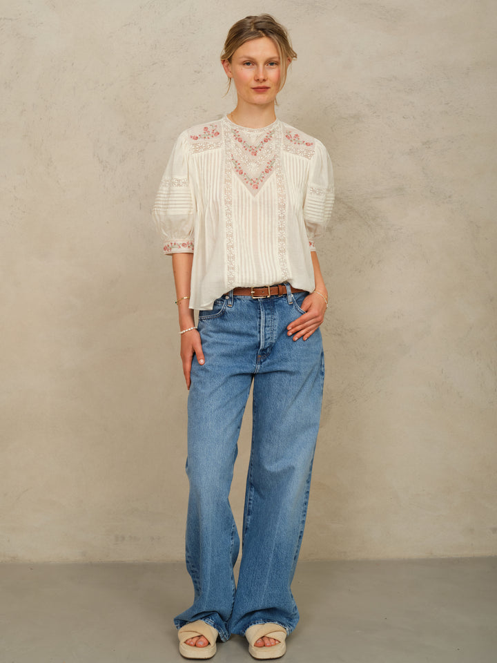 Fleur Emb Short Sleeve Top - Ecru/Multi