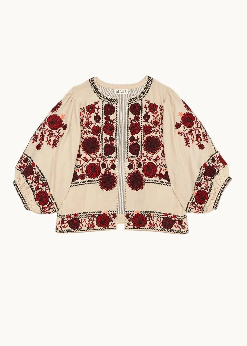 Greta Emb Jacket - Ecru/Dark Red