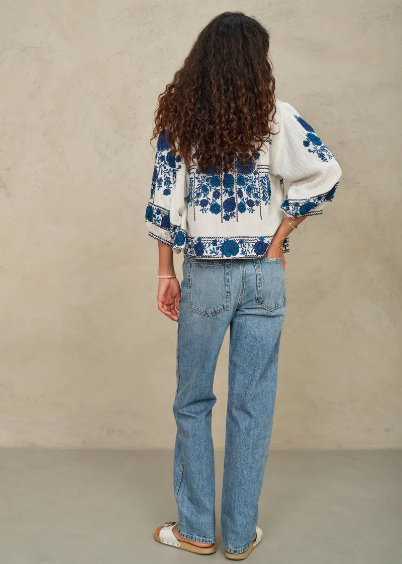 Greta Emb Jacket - Ecru/ Blue
